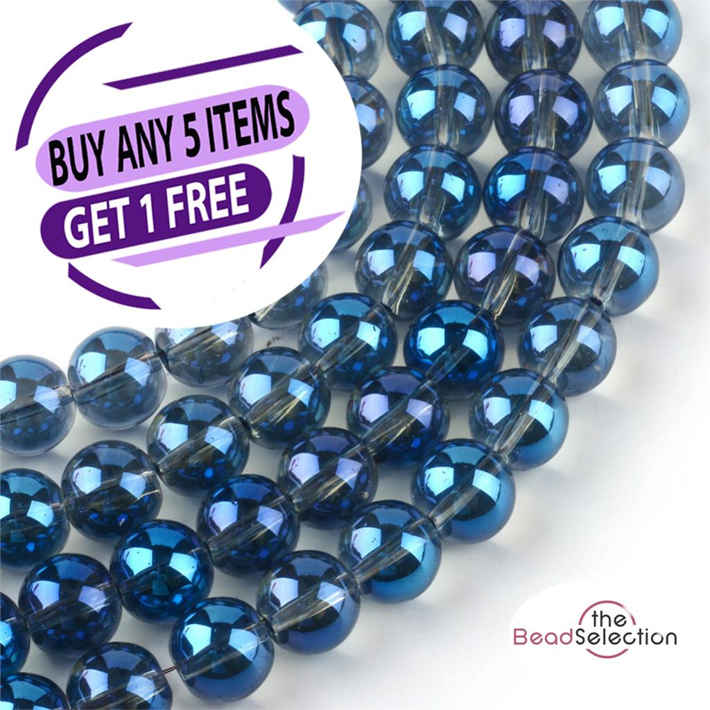 100 CLEAR 'AB ROYAL BLUE LUSTRE ROUND GLASS BEADS 8mm JEWELLERY