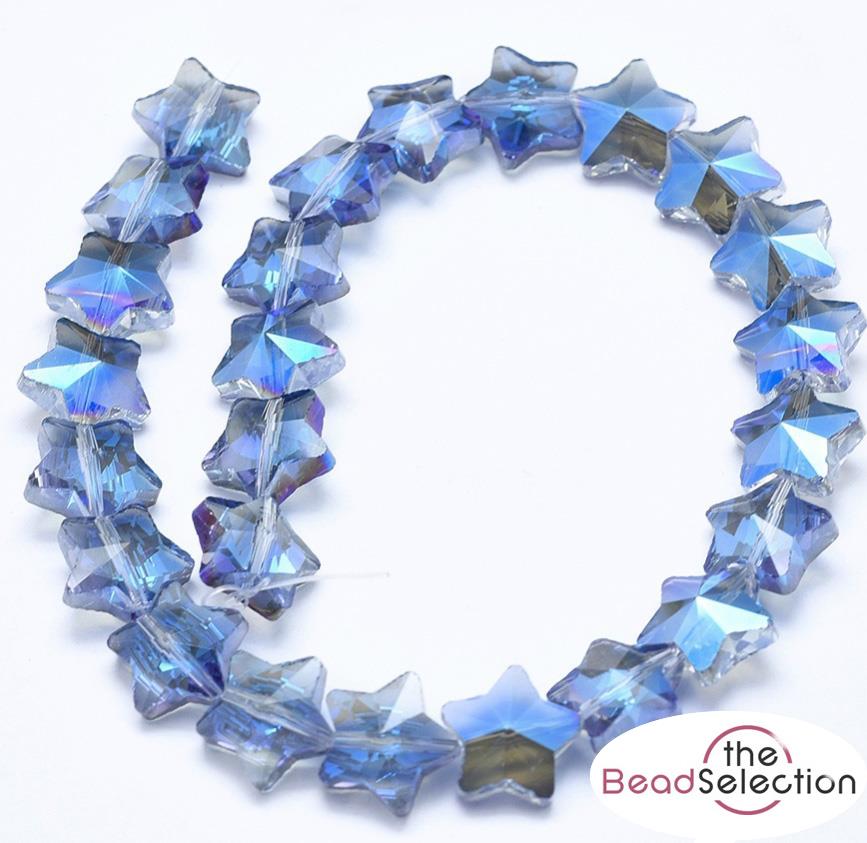 10 STAR FACETED GLASS CRYSTAL BEADS 13mm BLUE RAINBOW AB LUSTRE