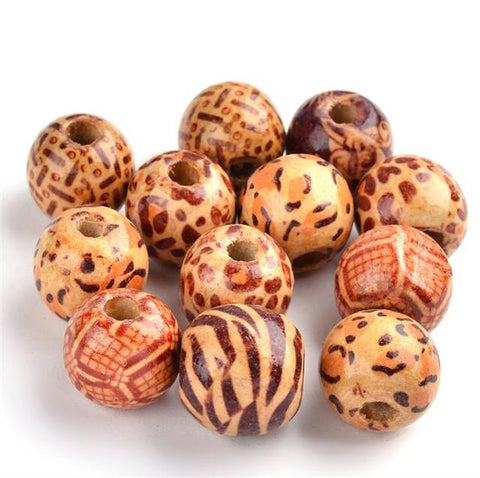 30 per bag 16mm LARGE ROUND WOODEN BEADS BOHO PATTERNED MIX 5mm HOLE W28