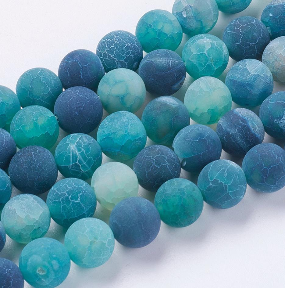 20 NATURAL CRACKLE FROSTED AGATE ROUND GEMSTONE BEADS TEAL BLUE