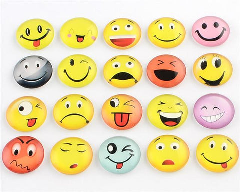 5 x ROUND EMOJI HAPPY FACE PRINTED CLEAR GLASS DOMED CABOCHONS 25mm  CAB31