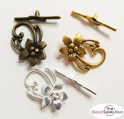 5 DESIGNER FLOWER TOGGLE CLASPS choose silver gold or bronze TOP QUALITY
