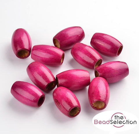 15 LARGE OVAL 30mm x 20mm WOODEN BEADS FUCHSIA PINK 9mm HOLE W18