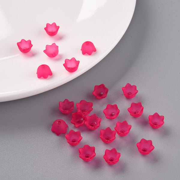 50 Flower Beads CERISE PINK Frosted Lucite Acrylic Bell Cup 10mm LUC79
