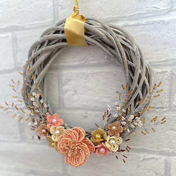Golden Blush Wreath Craft Kit. French Beading kit, Beaded Flower Kit (TBG-GBW)