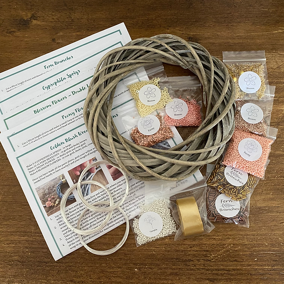 Golden Blush Wreath Craft Kit. French Beading kit, Beaded Flower Kit (TBG-GBW)