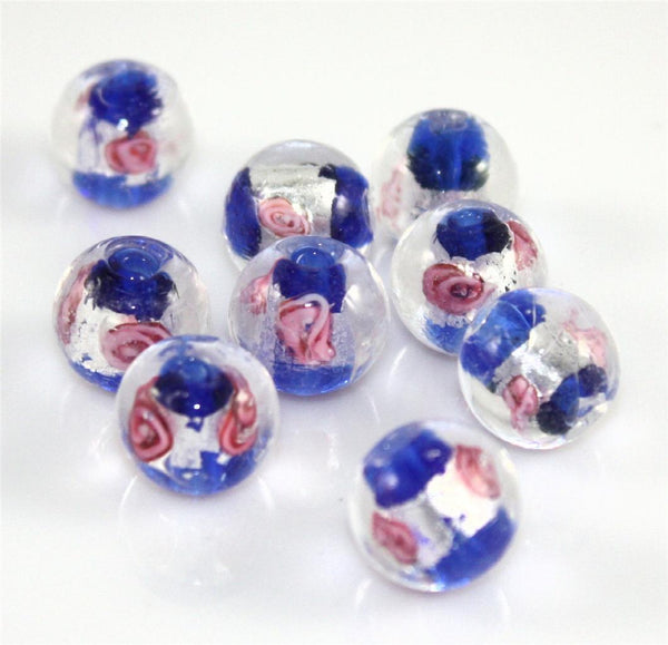 COLOUR CHOICE LAMP WORK ROUND FOIL GLASS  BEADS 11mm 10 PER BAG FLOWER  PATTERN