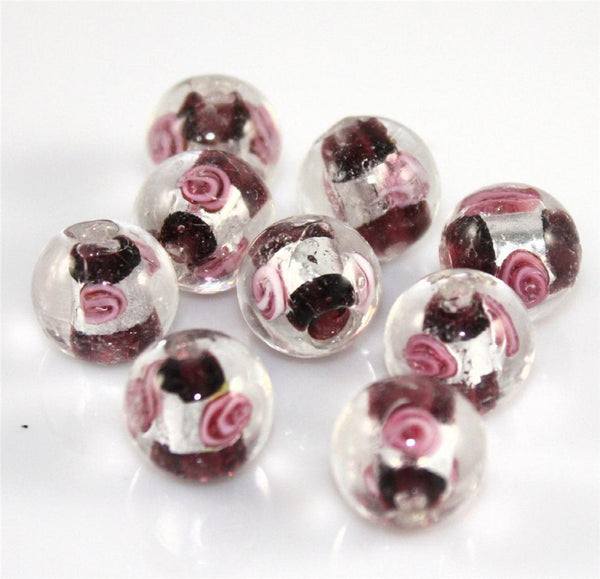 COLOUR CHOICE LAMP WORK ROUND FOIL GLASS  BEADS 11mm 10 PER BAG FLOWER  PATTERN