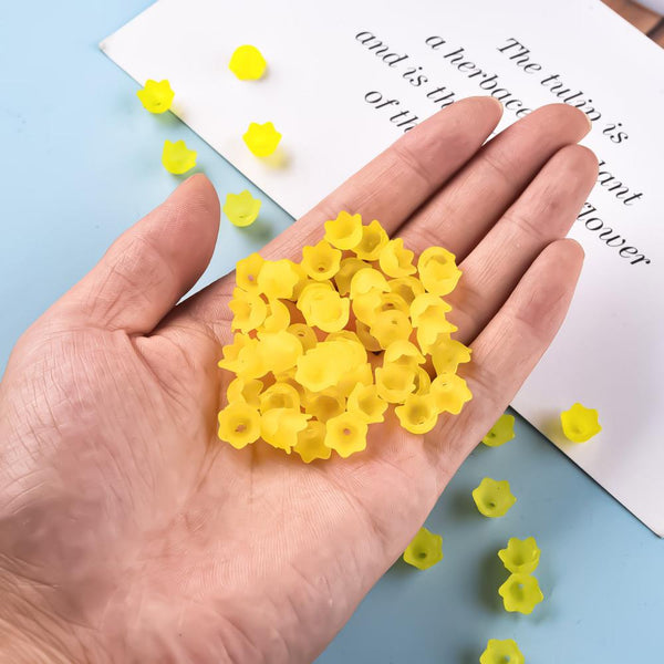 50 Flower Beads YELLOW Frosted Lucite Acrylic Bell Cup 10mm LUC81