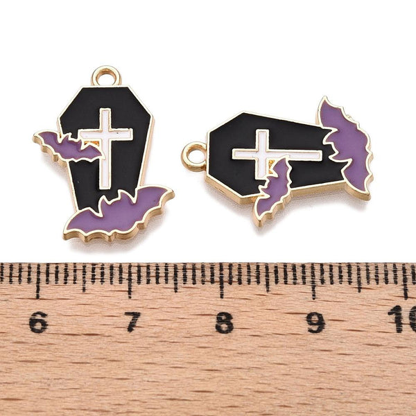 5 Halloween Coffin & Bat Enamel Charms Pendant 21mm Jewellery Making C333