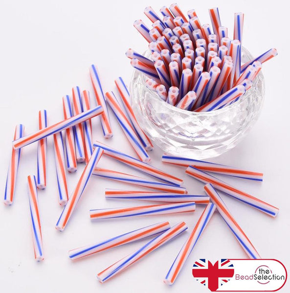 30gms RED WHITE AND BLUE GLASS BUGLE BEADS LONG 30mm x 2.5mm