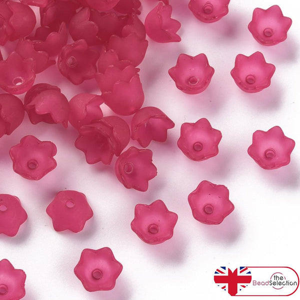 50 Flower Beads CERISE PINK Frosted Lucite Acrylic Bell Cup 10mm LUC79