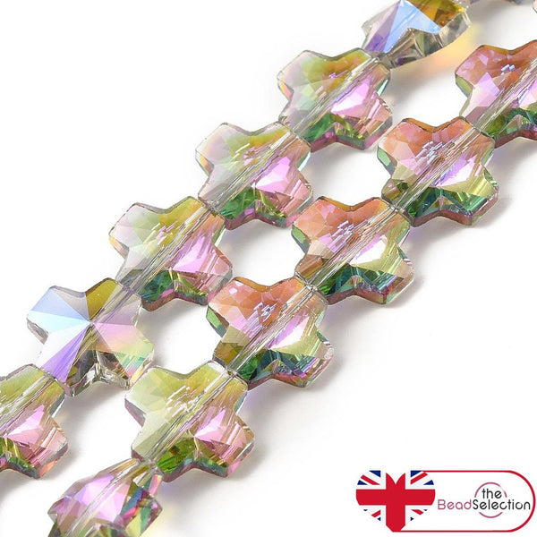 10 CROSS GLASS CRYSTAL BEADS PENDANTS 14mm RAINBOW AB LUSTRE GLS228
