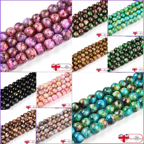 GILDED MARBLED DRAWBENCH GLASS BEADS 100 x 8mm 150 x 6mm 200 x 4mm COLOUR CHOICE