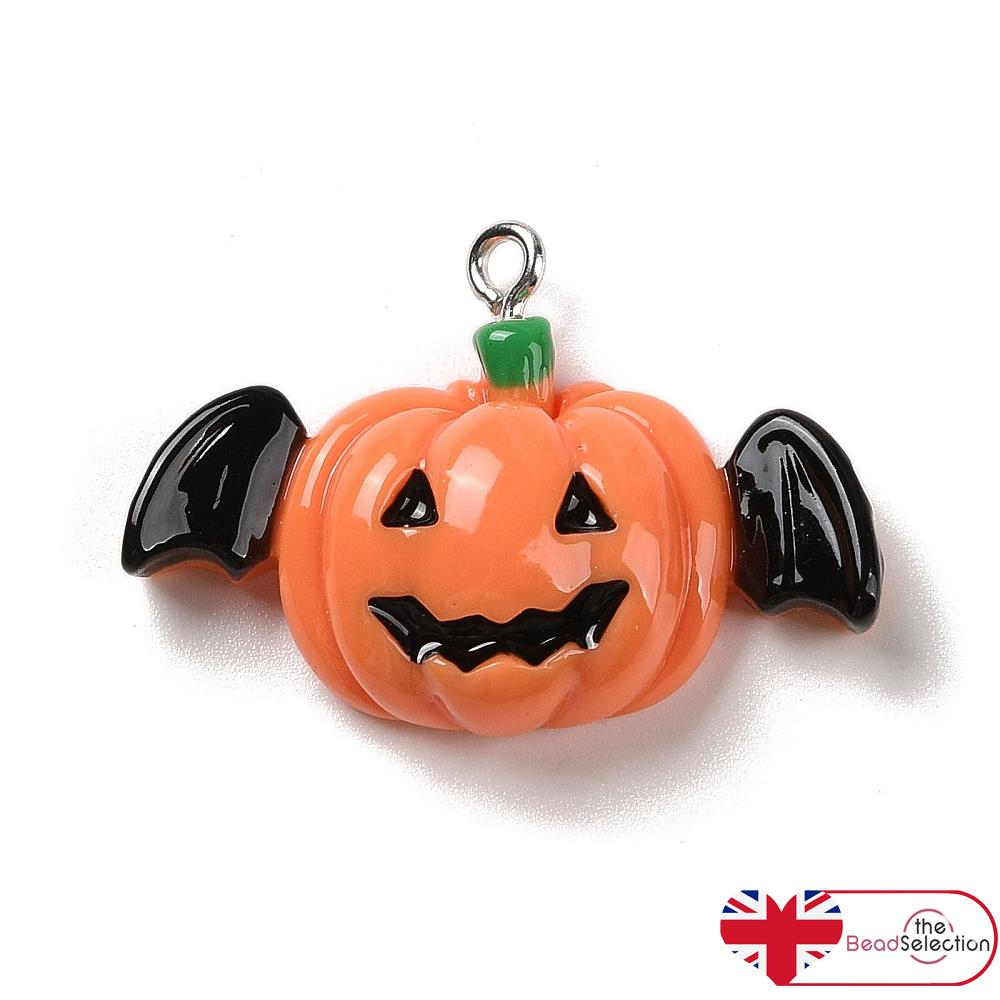 5 Halloween Pumpkin Bat Resin Charms Pendant 23mm Jewellery Making C332
