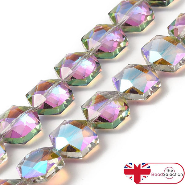 10 PENDANT HEXAGON FACETED GLASS CRYSTAL BEADS 15mm RAINBOW AB LUSTRE GLS189