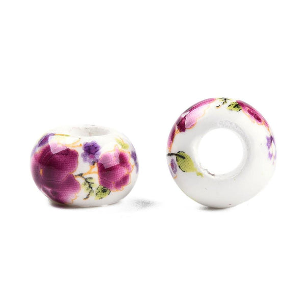 10 ROSE FLOWER PORCELAIN BEADS 13mm PINK PURPLE LARGE HOLE 5mm GLS24