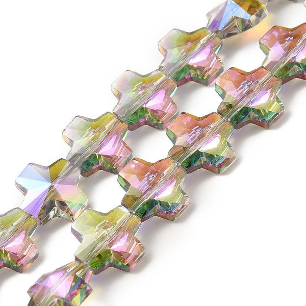 10 CROSS GLASS CRYSTAL BEADS PENDANTS 14mm RAINBOW AB LUSTRE GLS228