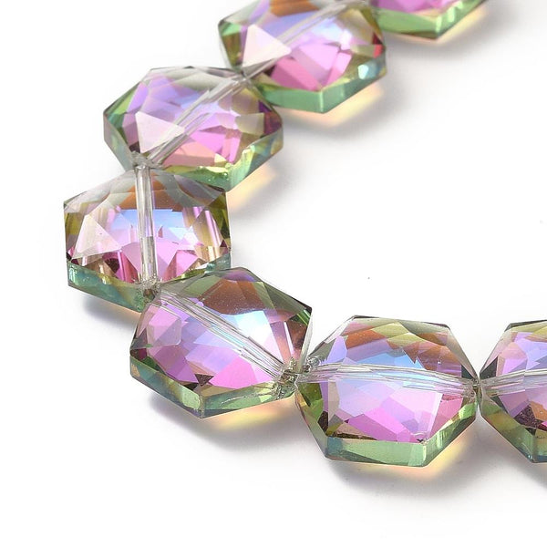 10 PENDANT HEXAGON FACETED GLASS CRYSTAL BEADS 15mm RAINBOW AB LUSTRE GLS189