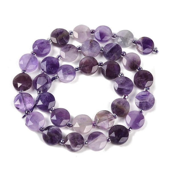 10 Natural Amethyst Gemstone Faceted Flat Round Disc Beads 10mm GS230
