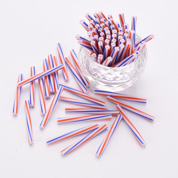 30gms RED WHITE AND BLUE GLASS BUGLE BEADS LONG 30mm x 2.5mm