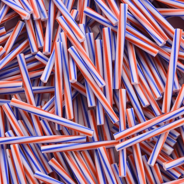 30gms RED WHITE AND BLUE GLASS BUGLE BEADS LONG 30mm x 2.5mm