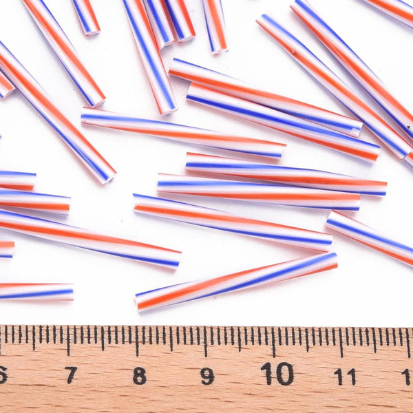 30gms RED WHITE AND BLUE GLASS BUGLE BEADS LONG 30mm x 2.5mm