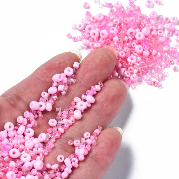 100gm Glass Seed & Bugle Beads PINK 2mm - 9mm Pearl Ceylon Opaque