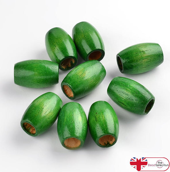 15 LARGE OVAL WOODEN BEADS 30mm x 20mm GREEN 9mm HOLE