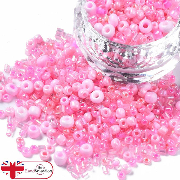 100gm Glass Seed & Bugle Beads PINK 2mm - 9mm Pearl Ceylon Opaque