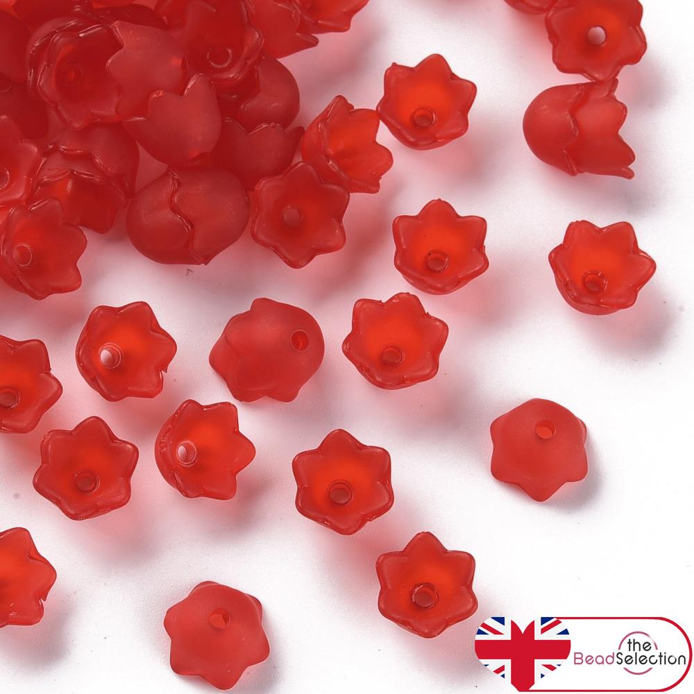 50 Flower Beads RED Frosted Lucite Acrylic Bell Cup 10mm Jewellery Making LUC78