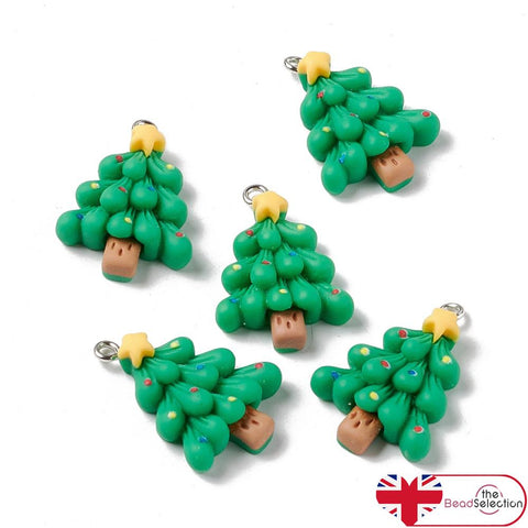 5 Xmas Tree Resin Charms Pendants 28mm Kawaii Jewellery Making C327