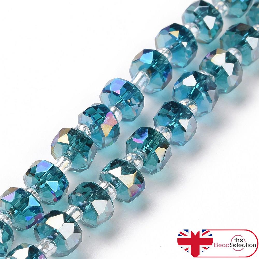20 FACETED GLASS RONDELLE BEADS 8mm x 5mm AB RAINBOW SEA BLUE GREEN GLS169
