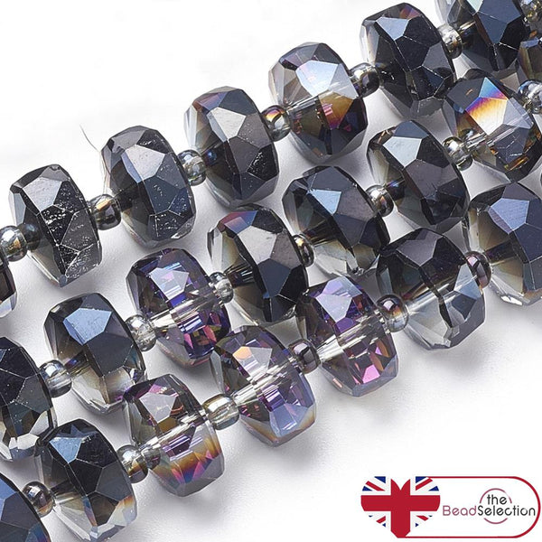 20 FACETED GLASS RONDELLE BEADS 8mm x 5mm AB RAINBOW BLACK PURPLE GLS170