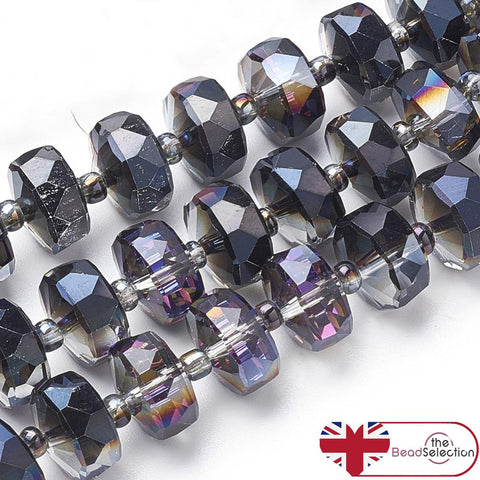 20 FACETED GLASS RONDELLE BEADS 8mm x 5mm AB RAINBOW BLACK PURPLE GLS170