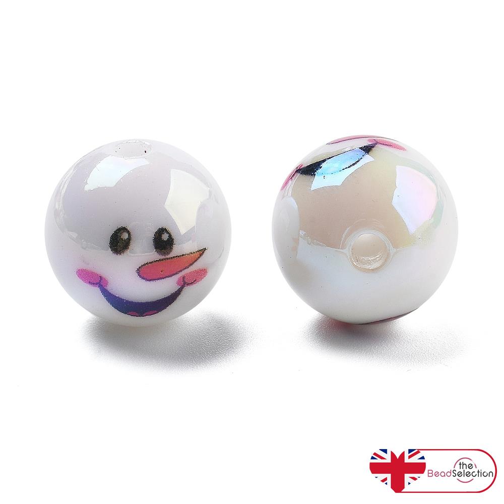 2 SNOWMAN FACE LARGE WHITE 'AB' RAINBOW ROUND BEADS 16mm XMAS ACR245