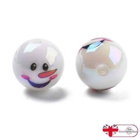 2 SNOWMAN FACE LARGE WHITE 'AB' RAINBOW ROUND BEADS 16mm XMAS ACR245