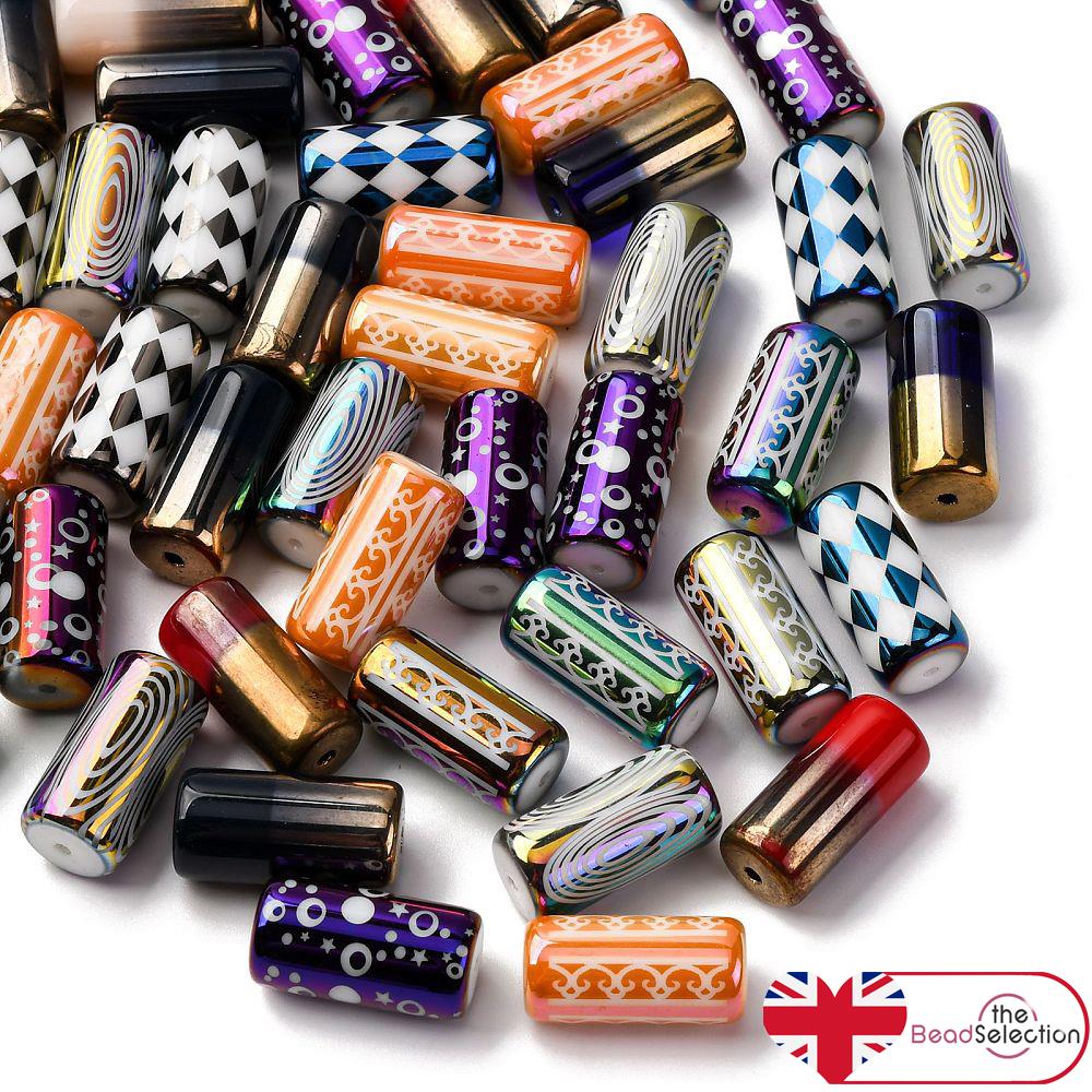 10 Patterned Glass Column Tube Beads 20mm x 8mm Hole 1.4mm GLS180