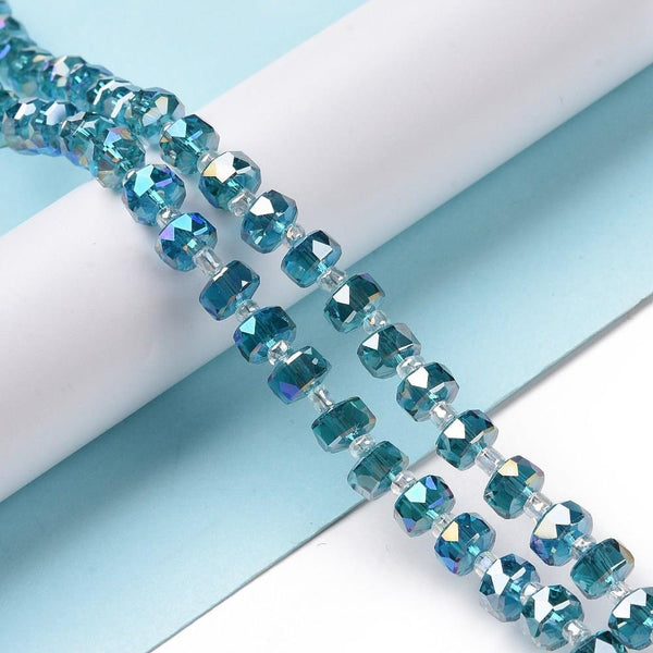20 FACETED GLASS RONDELLE BEADS 8mm x 5mm AB RAINBOW SEA BLUE GREEN GLS169