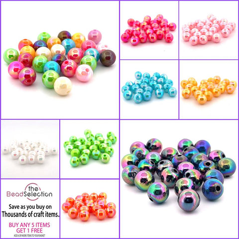 100 Acrylic Beads 'AB' Lustre Rainbow Pearl 8mm Round Colour Choice Jewellery