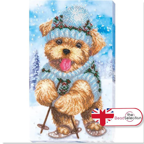 WINTER FUN PUPPY DOG ABRIS ART BEAD EMBROIDERY KIT large 34cm x 20cm ( AB-559 )