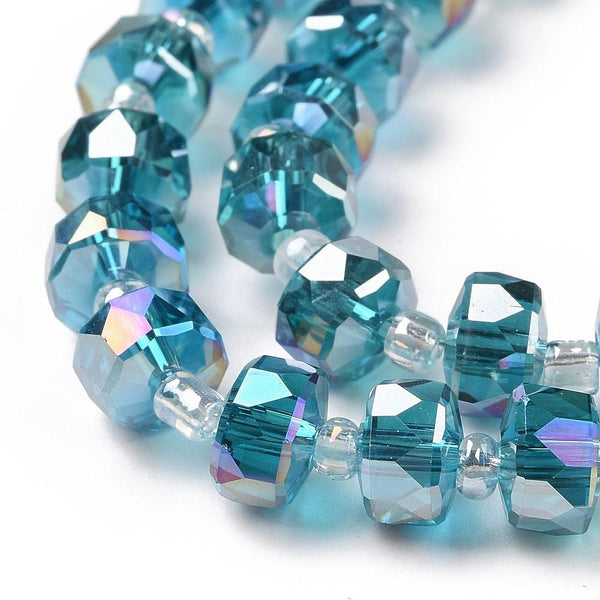 20 FACETED GLASS RONDELLE BEADS 8mm x 5mm AB RAINBOW SEA BLUE GREEN GLS169