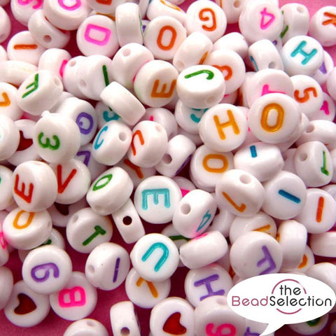 500 MIXED ACRYLIC WHITE ALPHABET BEADS 7mm ROUND ASSORTED COLOURS ACR178