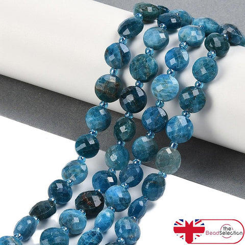 10 Natural Blue Apatite Gemstone Faceted Flat Round Beads 10mm x 6mm GS192