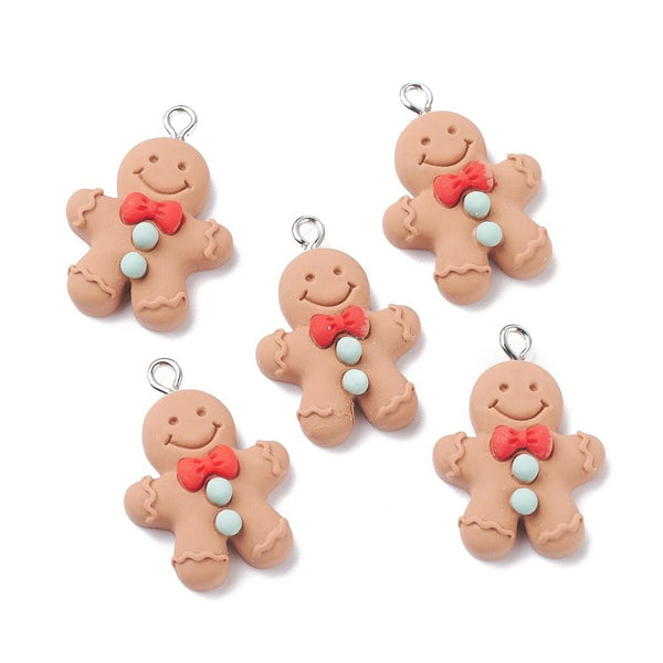 5 Xmas Gingerbread Man Resin Charms Pendants 28mm Kawaii Jewellery Making C336