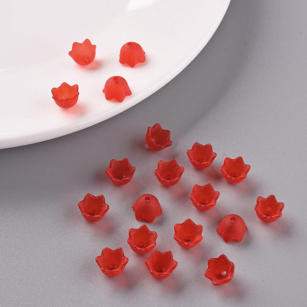 50 Flower Beads RED Frosted Lucite Acrylic Bell Cup 10mm Jewellery Making LUC78