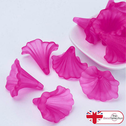 10 LARGE FROSTED LUCITE ACRYLIC LILY TRUMPET FLOWER BEAD 41mm  CERISE PINK LUC26