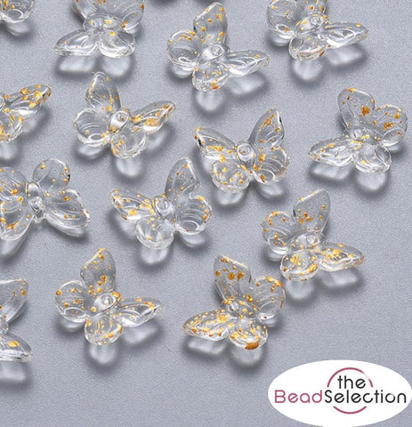 20 CLEAR GOLD GLITTER BUTTERFLY GLASS CHARMS BEADS 10mm TOP QUALITY GLS18