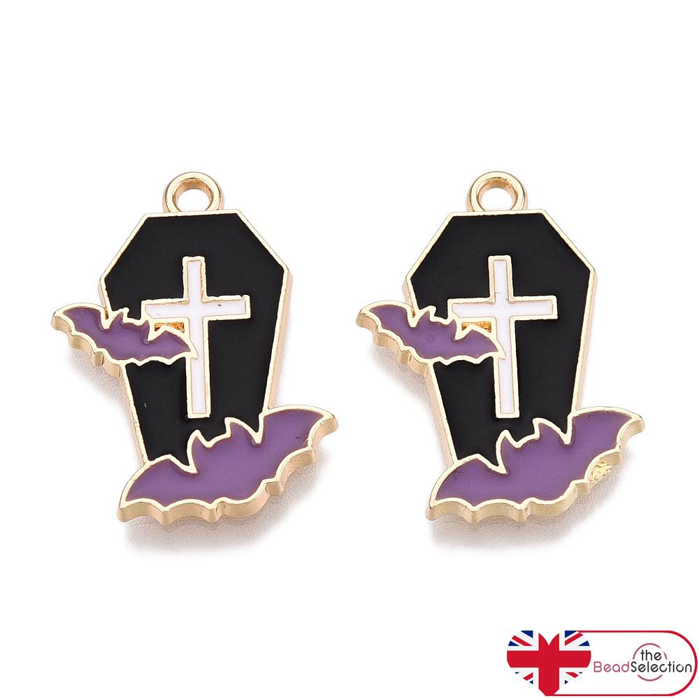 5 Halloween Coffin & Bat Enamel Charms Pendant 21mm Jewellery Making C333