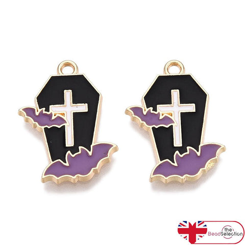 5 Halloween Coffin & Bat Enamel Charms Pendant 21mm Jewellery Making C333